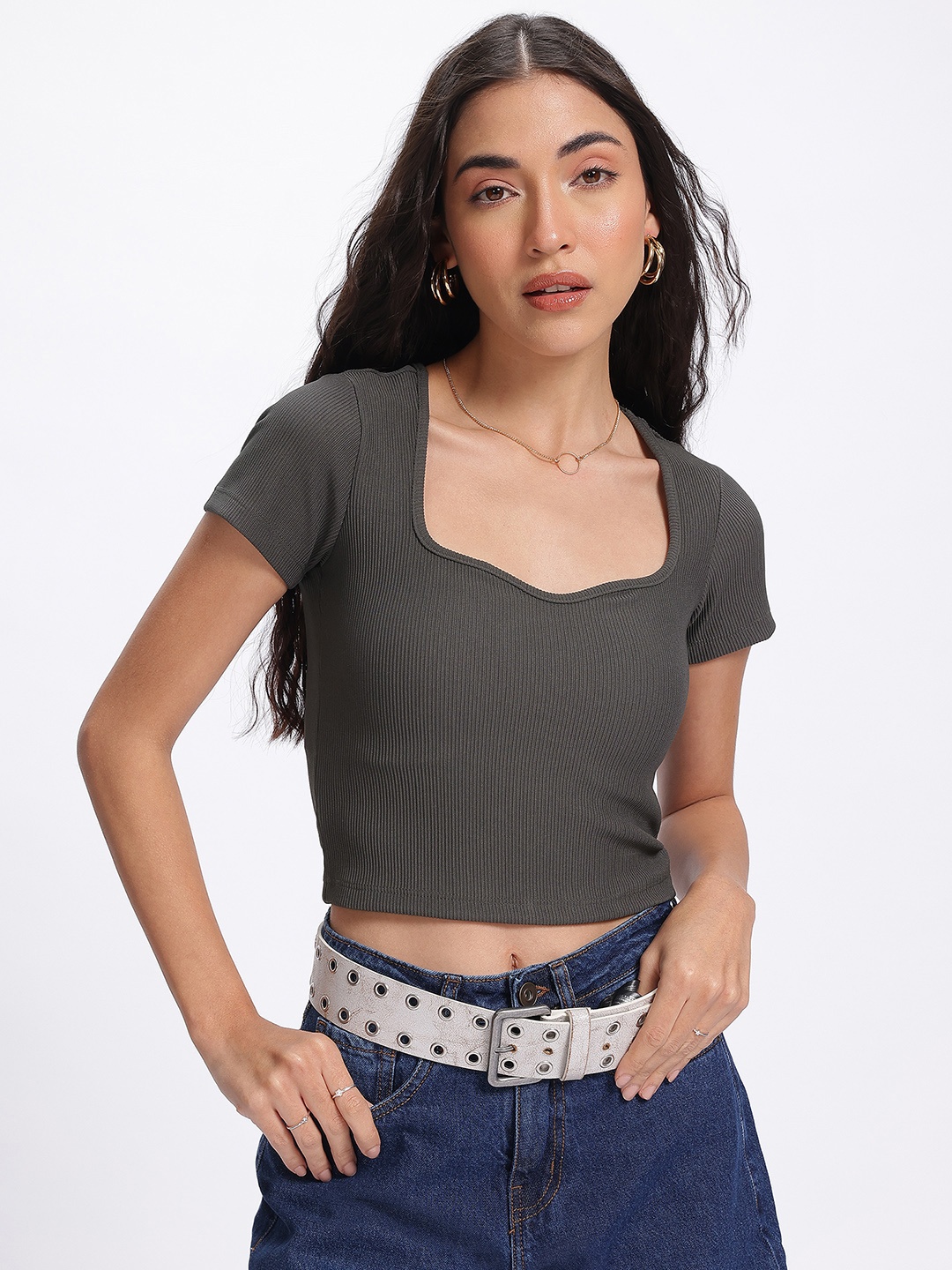 

glitchez Sweetheart Neck Crop Top, Grey