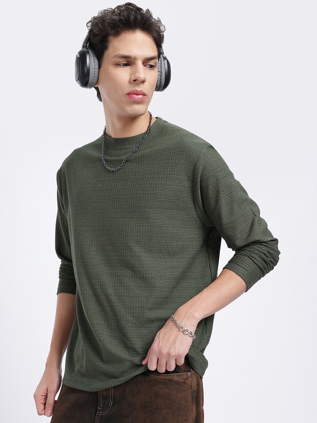 

glitchez Knit City Vibes Textured Long Sleeves T-shirt, Green