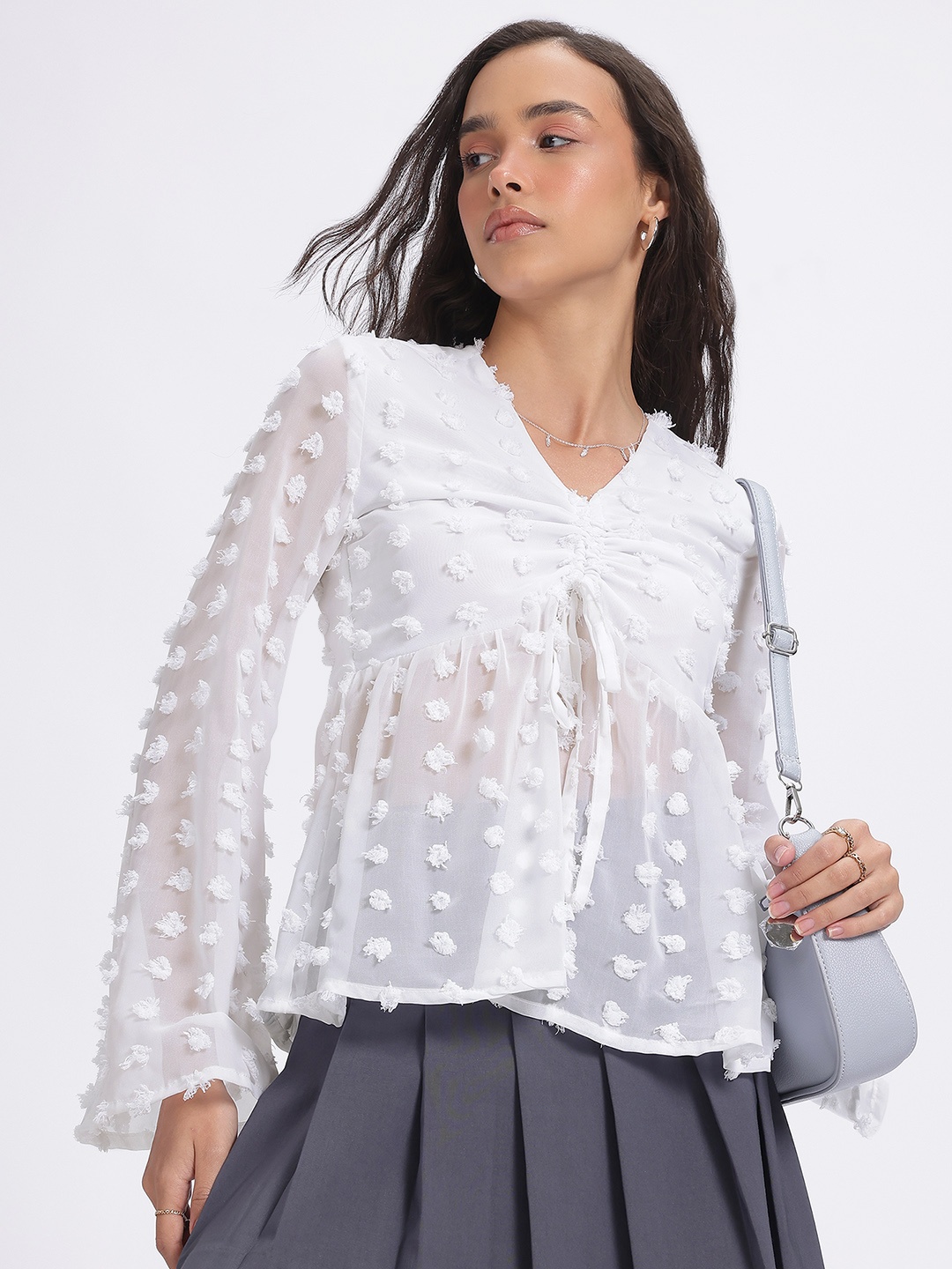 

glitchez Dobby Delight Ruched Semi Sheer A-Line Top, White