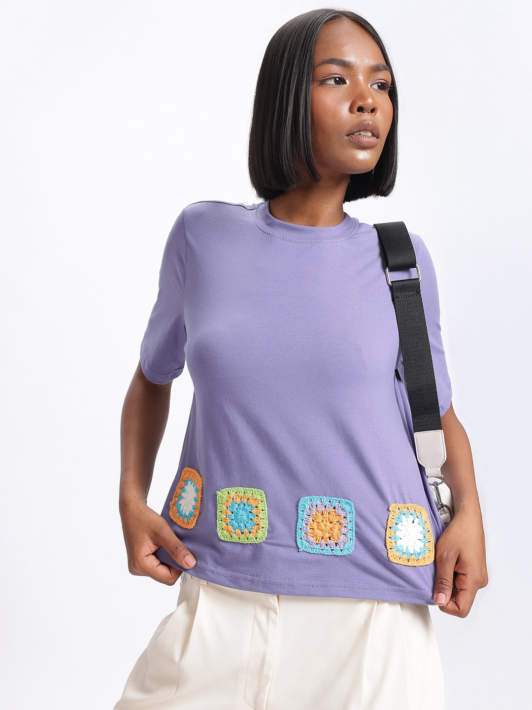 

glitchez Adorable Allure Crochet Applique T-shirt, Purple