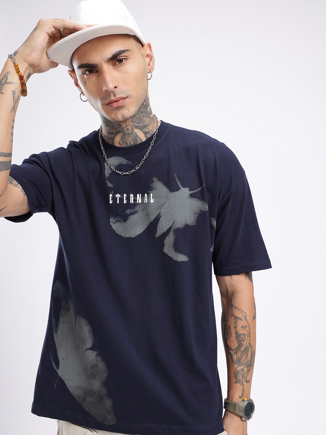 

glitchez Timeless City Vibes Printed Oversized T-shirt, Navy blue
