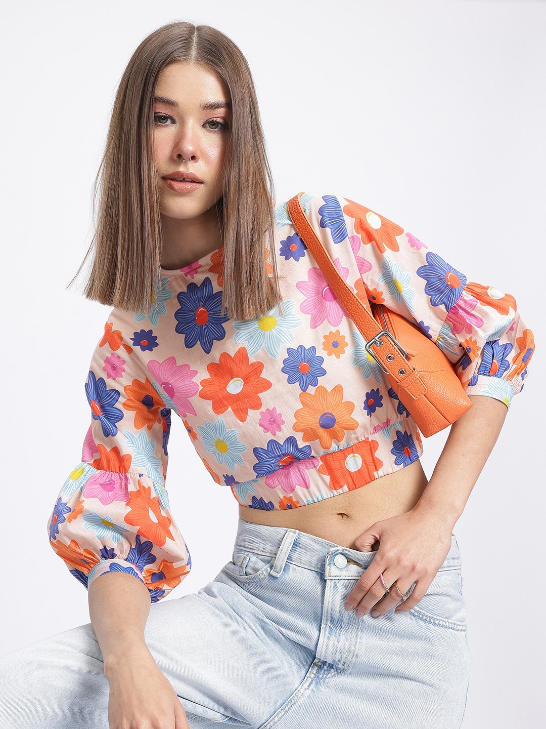 

glitchez Blossom Babe Puff Sleeve Blouson Top, Peach