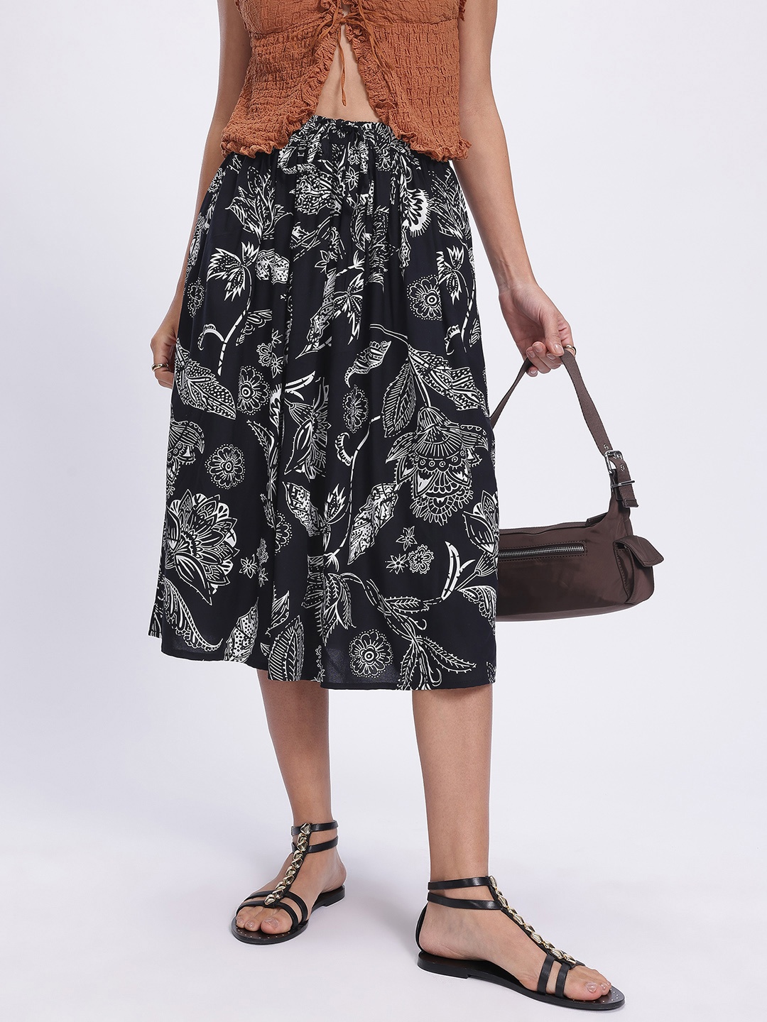 

glitchez Floral Enchantment Printed Midi Skirt, Black