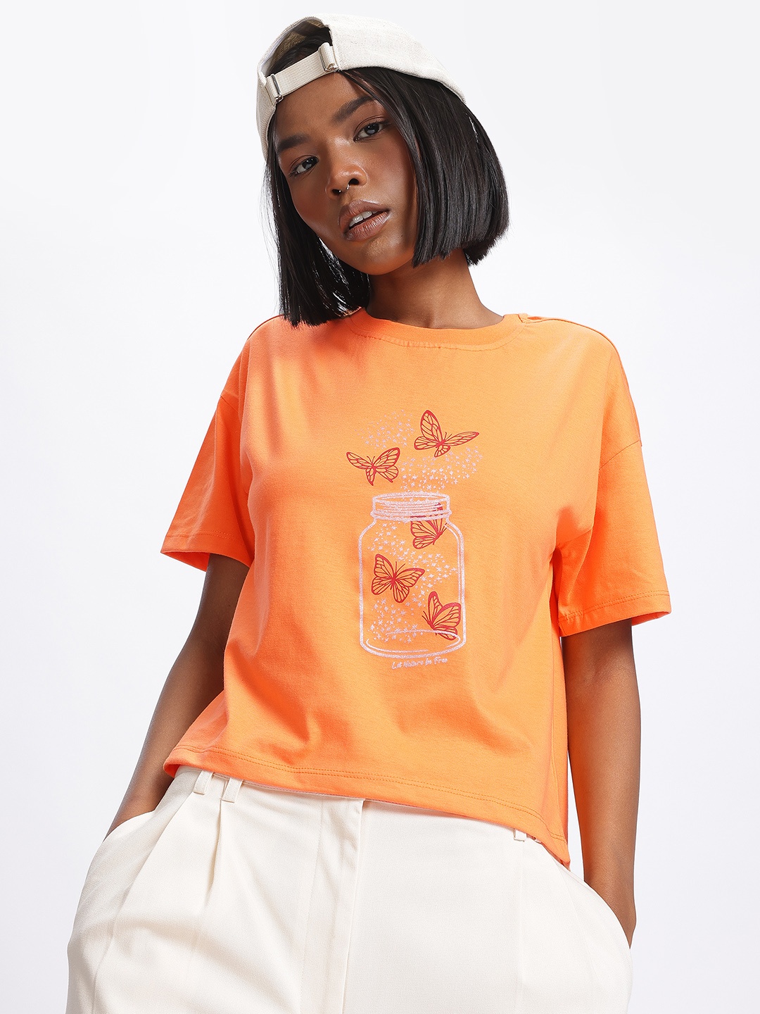 

glitchez Cutie Couture Drop-Shoulder Printed Relaxed T-shirt, Orange