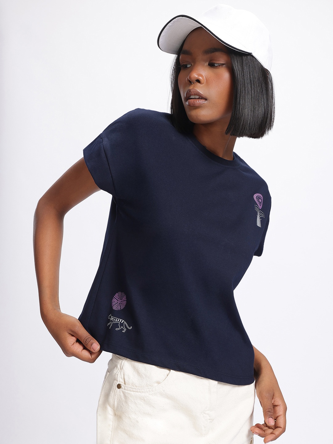 

glitchez Cuddle Core Extended Sleeves Placement Print T-shirt, Navy blue