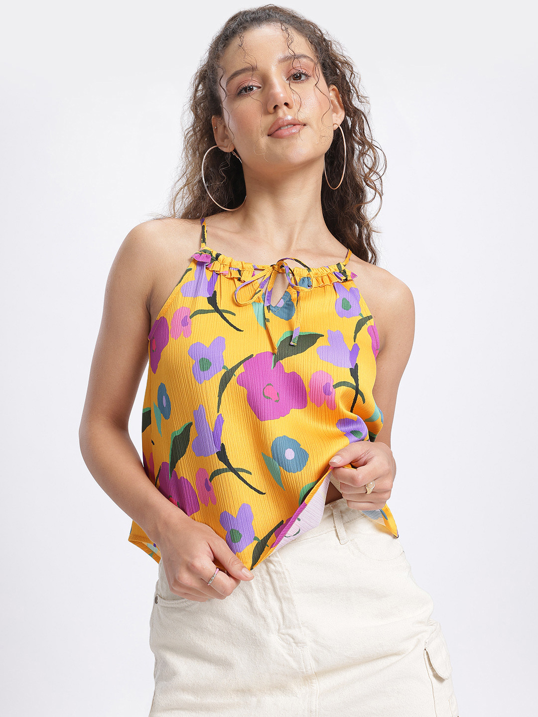

glitchez Sunset Blooms Tie-Up Neck Sleeveless Top, Yellow