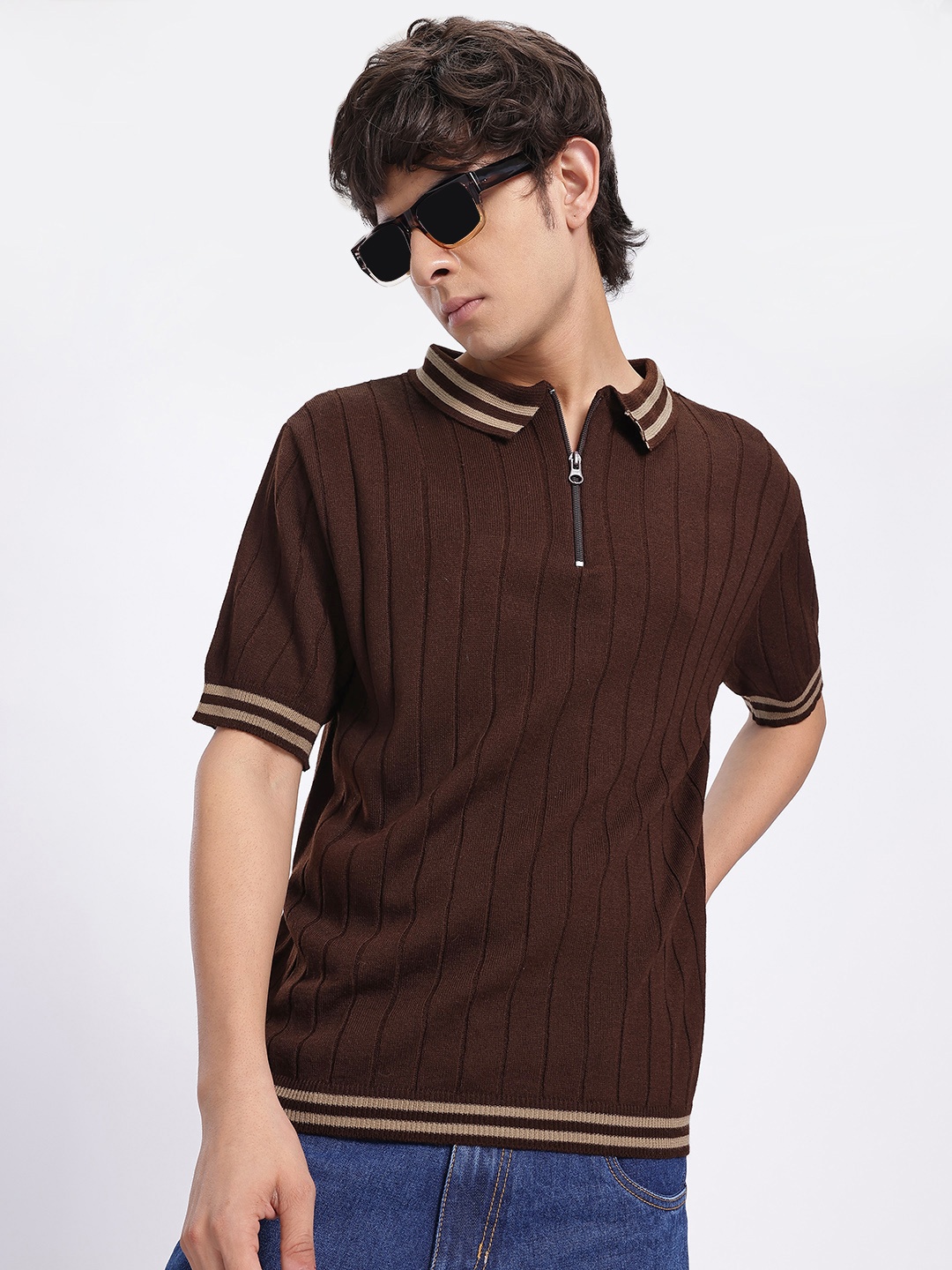 

glitchez Ribbed Knits Striped Detail Polo Collar T-shirt, Brown