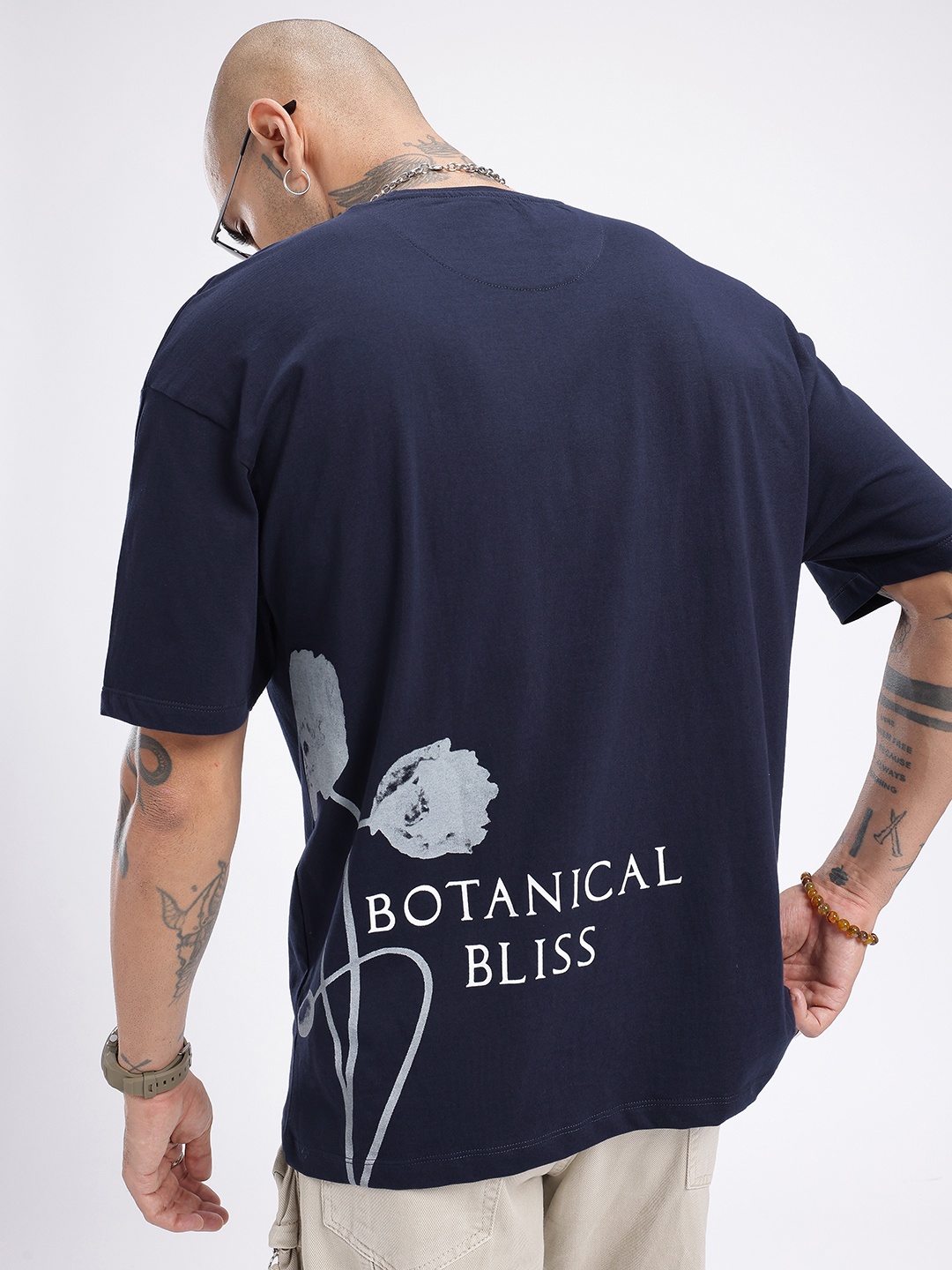 

glitchez Floral Bliss Printed Oversized T-shirt, Navy blue
