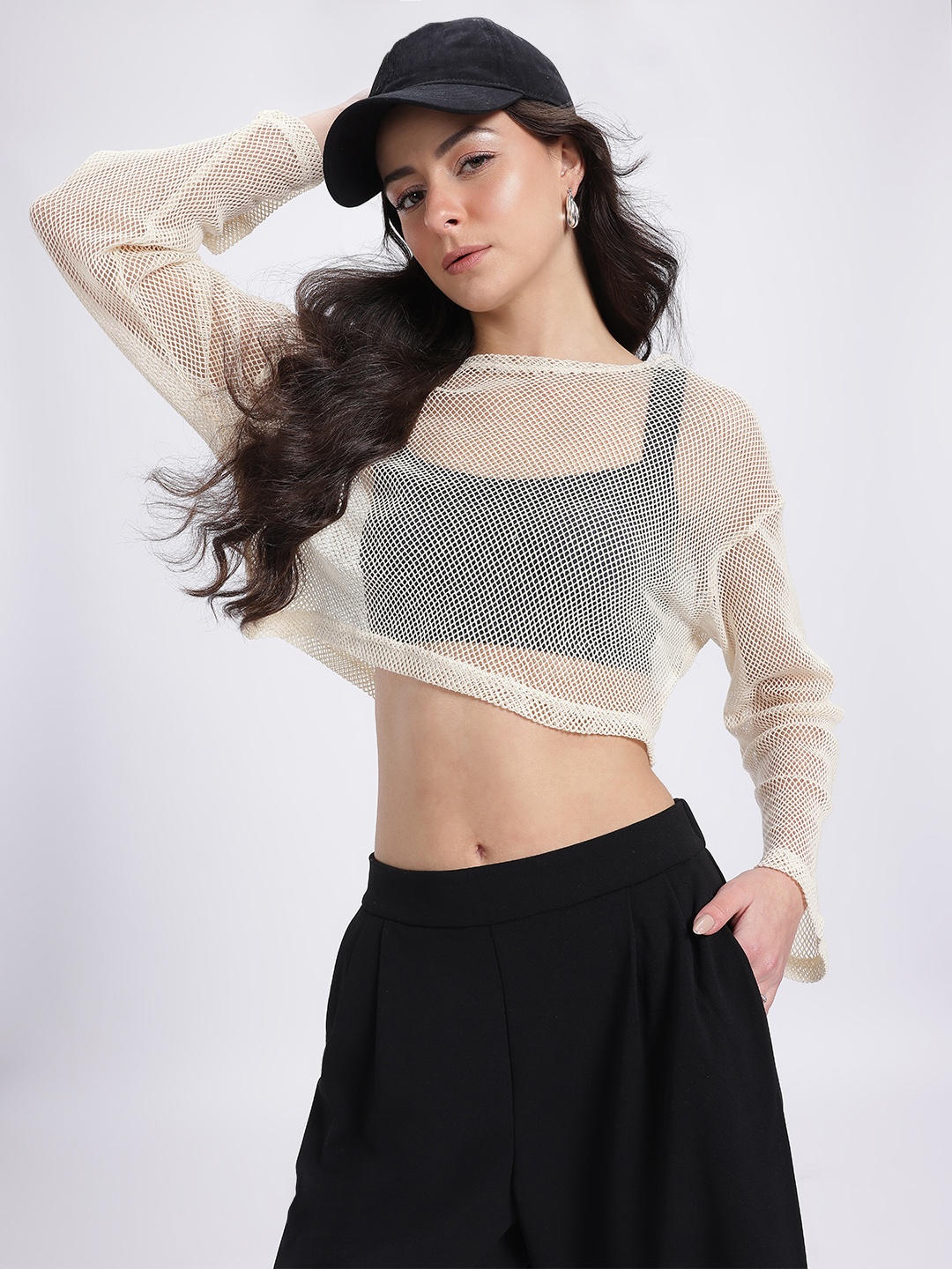 

glitchez Girly Glam Open Net Sheer Crop Top, Beige