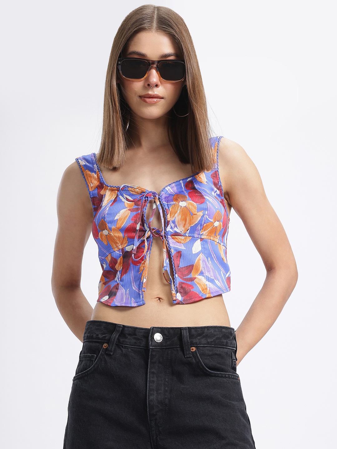 

glitchez Loosely Tied Floral Textured Crop Top, Blue