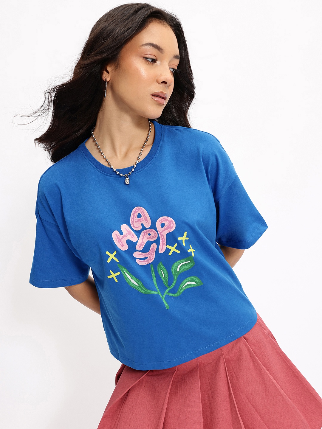 

glitchez Happy Hour Printed Drop-Sleeves T-shirt, Blue
