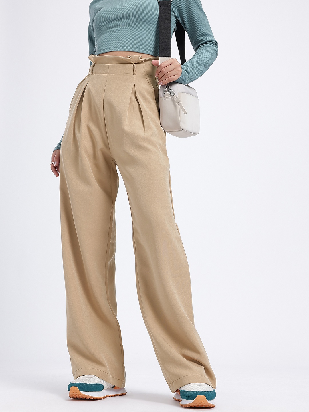 

glitchez Women Pleated Perfection High-Rise Trousers, Beige