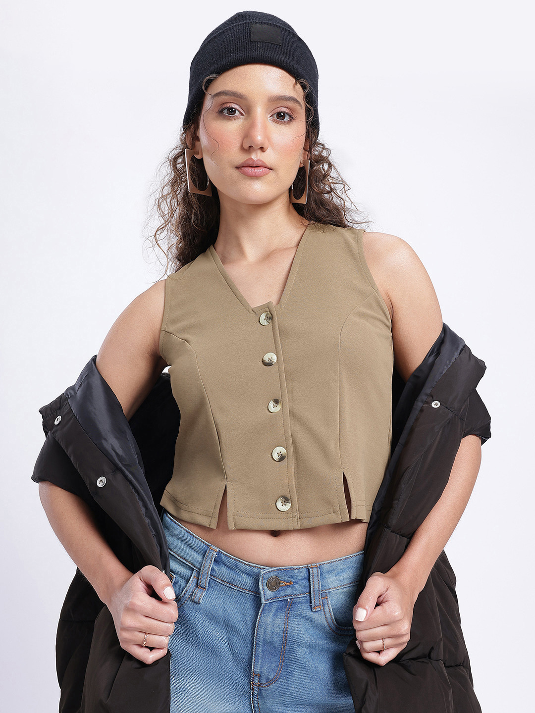 

glitchez Adorable Allure Button Placket Cropped Top, Khaki