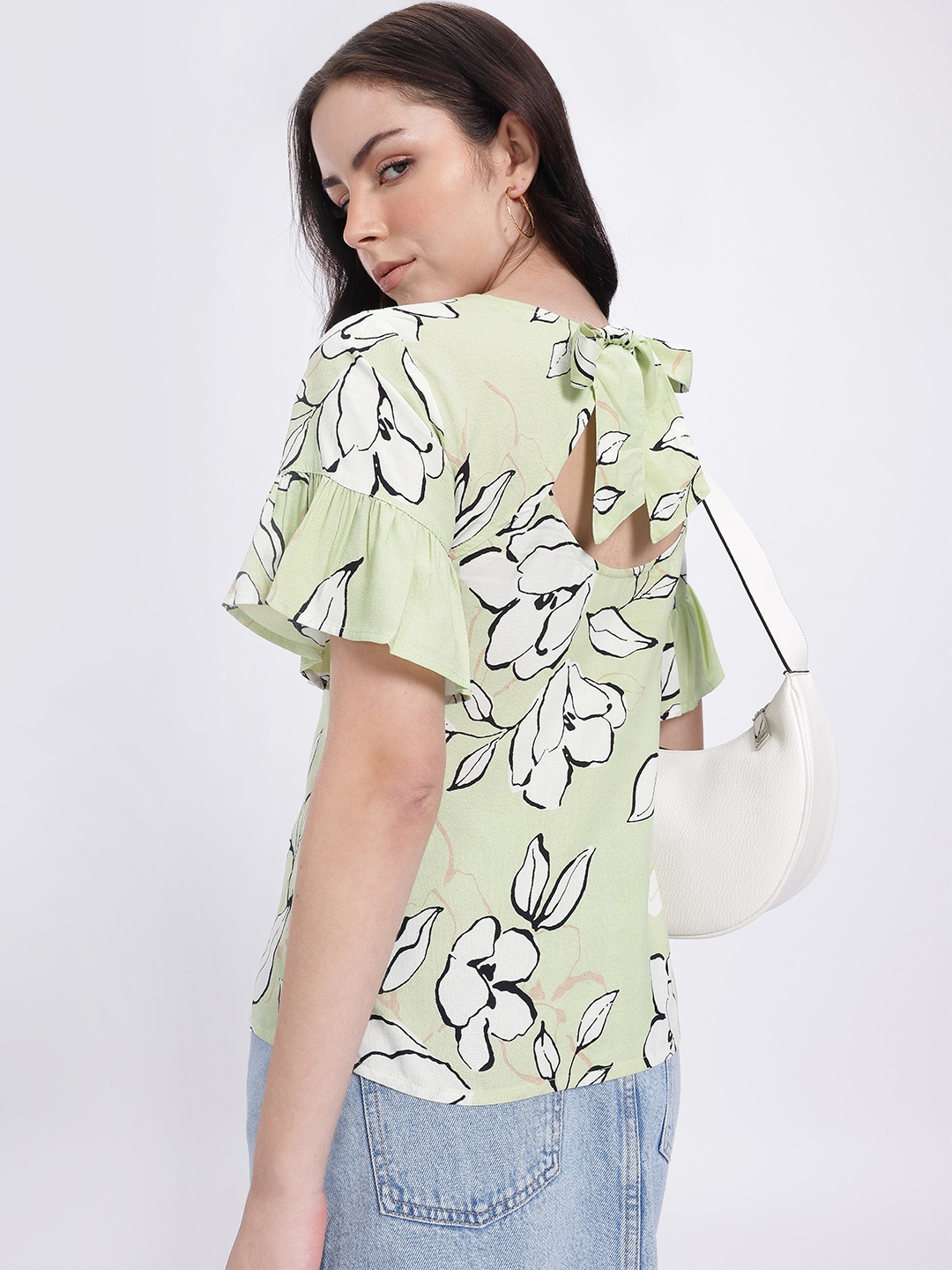 

glitchez Garden Vibes Floral Print Tie-Up Back Top, Green