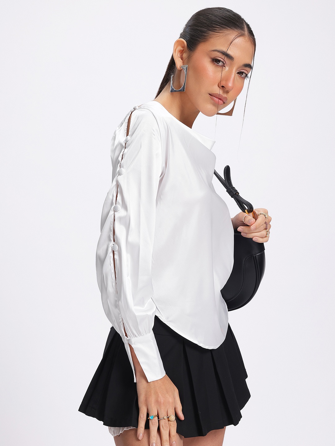 

glitchez Smooth Satin Cowl Neck Cuffed Sleeves Top, White