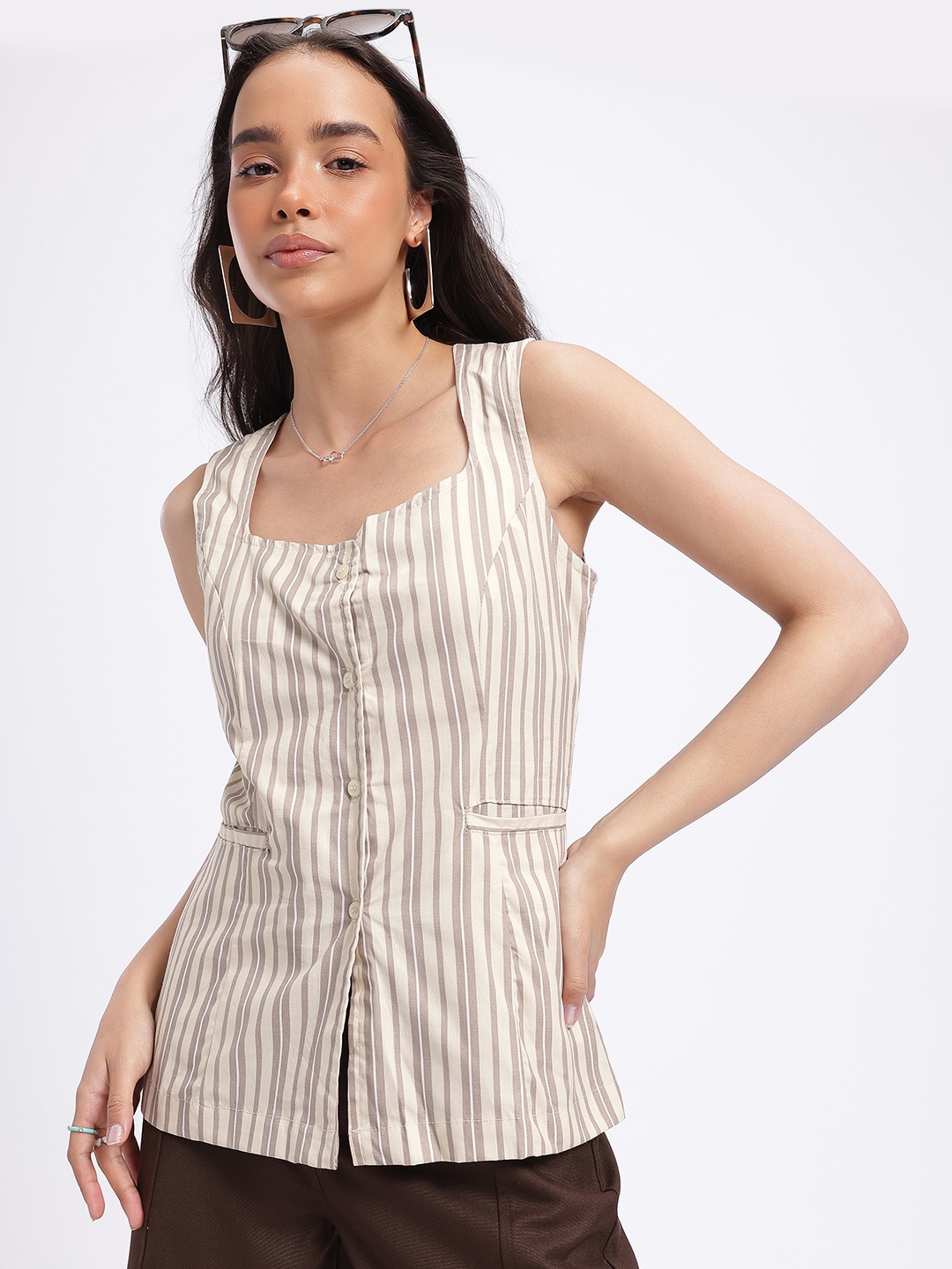 

glitchez Stripes Sophistication Pure Cotton Square Neck Front-Open Top, Cream