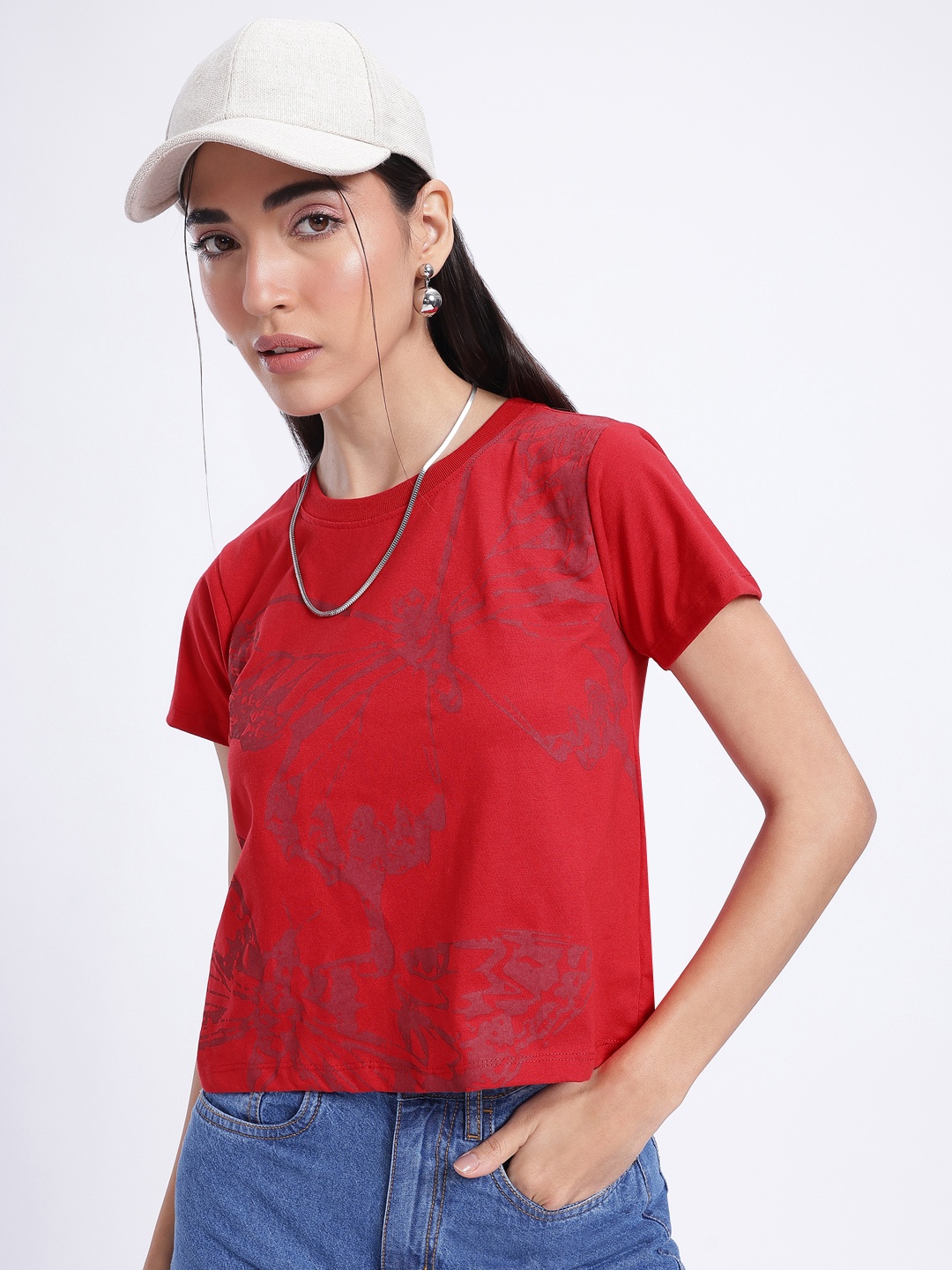 

glitchez Butterfly Bloom Printed T-shirt, Red