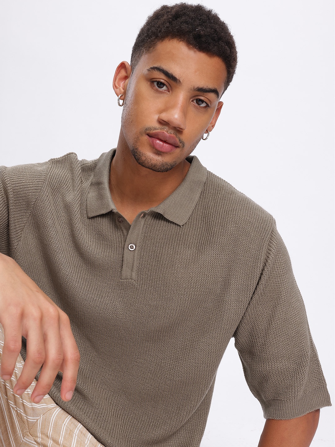 

glitchez The Knit Shift Ribbed Polo Collar T-shirt, Taupe