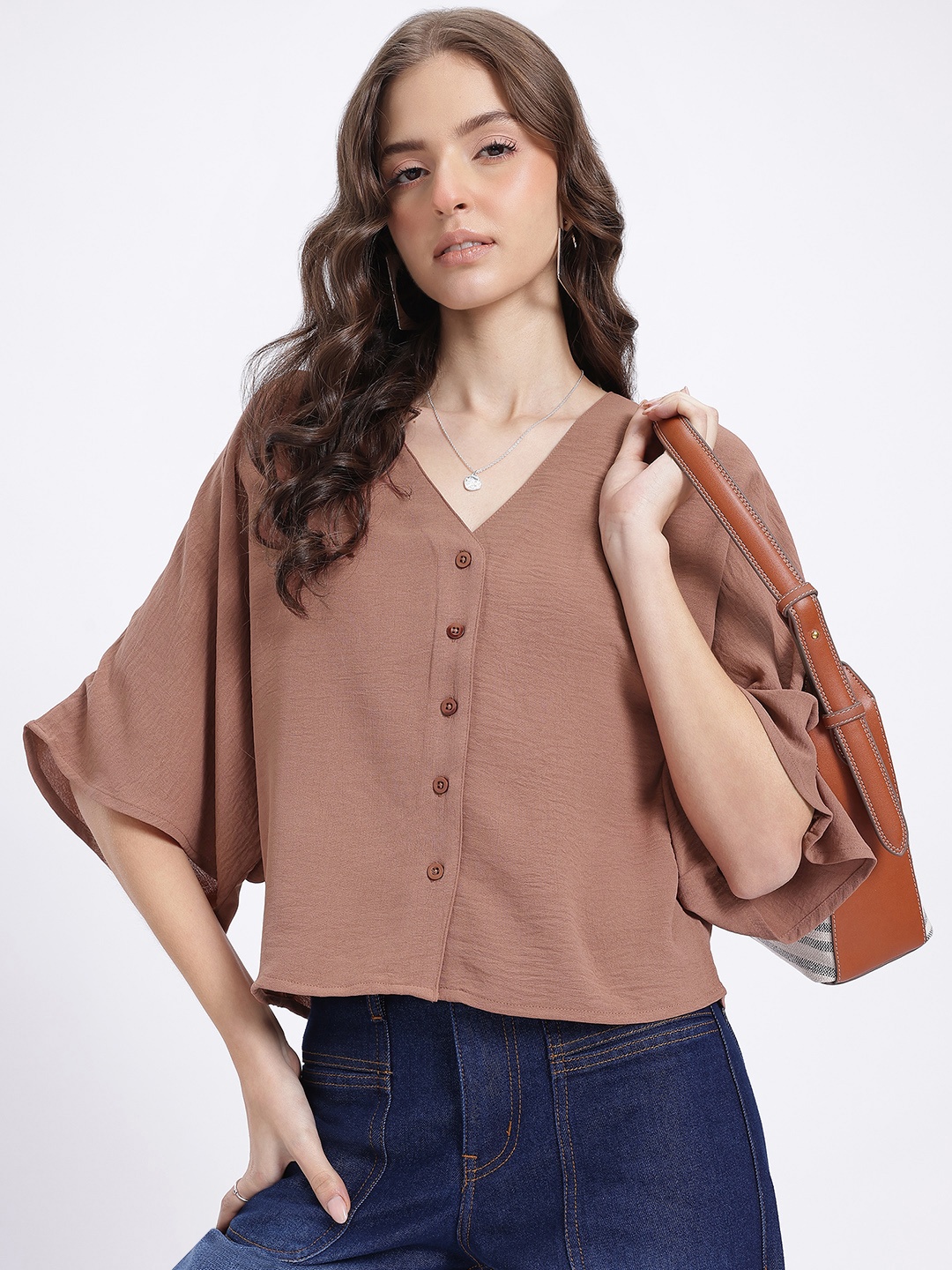 

glitchez Flared Flair Crinkled Shirt-Style Top, Brown