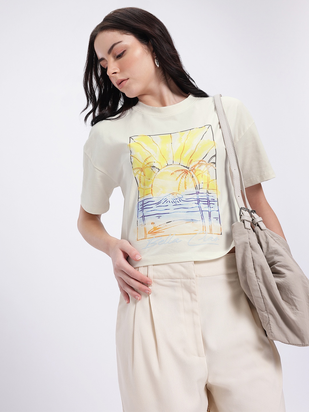 

glitchez Sunny State of Mind Drop-Shoulder Printed T-shirt, Off white