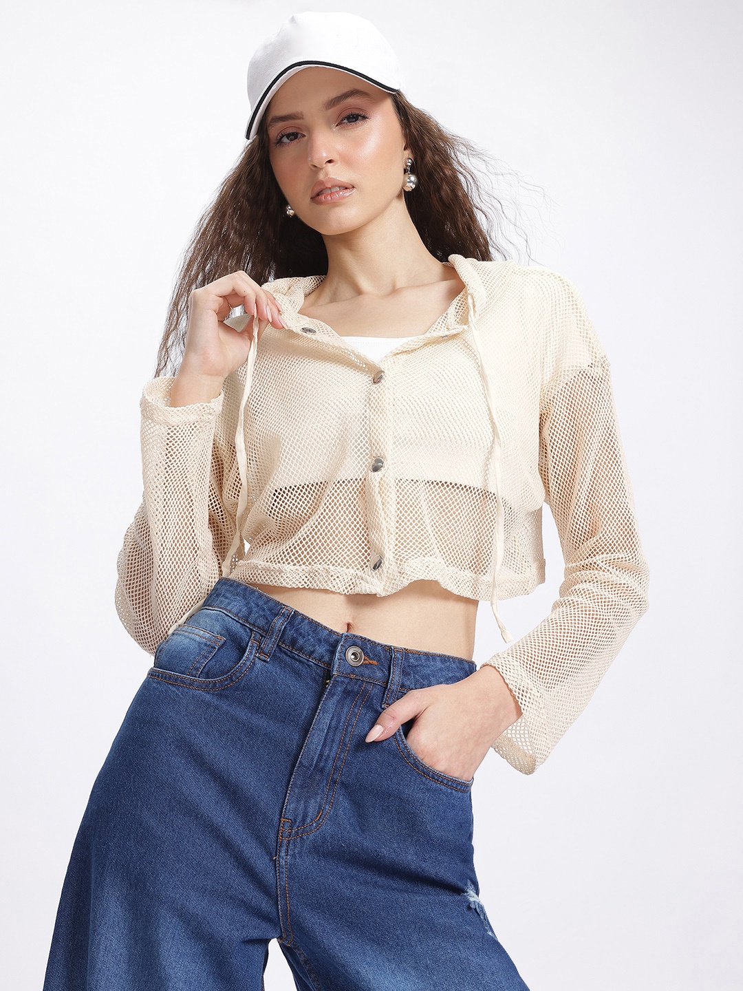 

glitchez Sheer Chill Hooded Shirt-Style Top, Beige