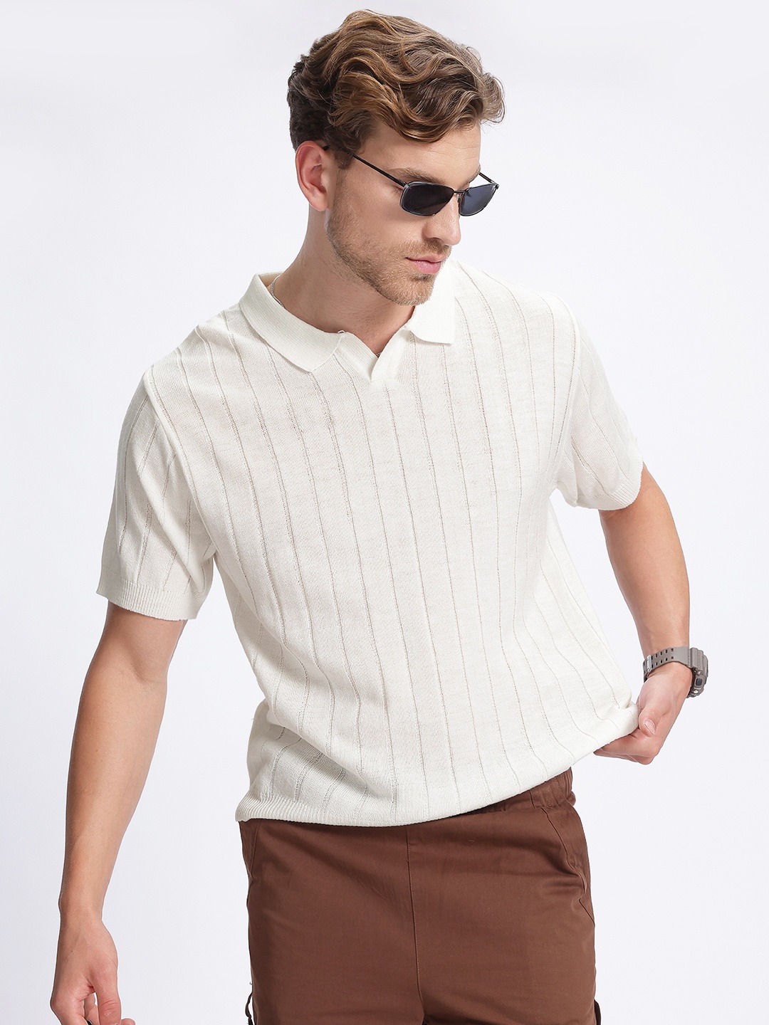 

glitchez Ribbed Knits Cotton Polo Collar T-shirt, Off white