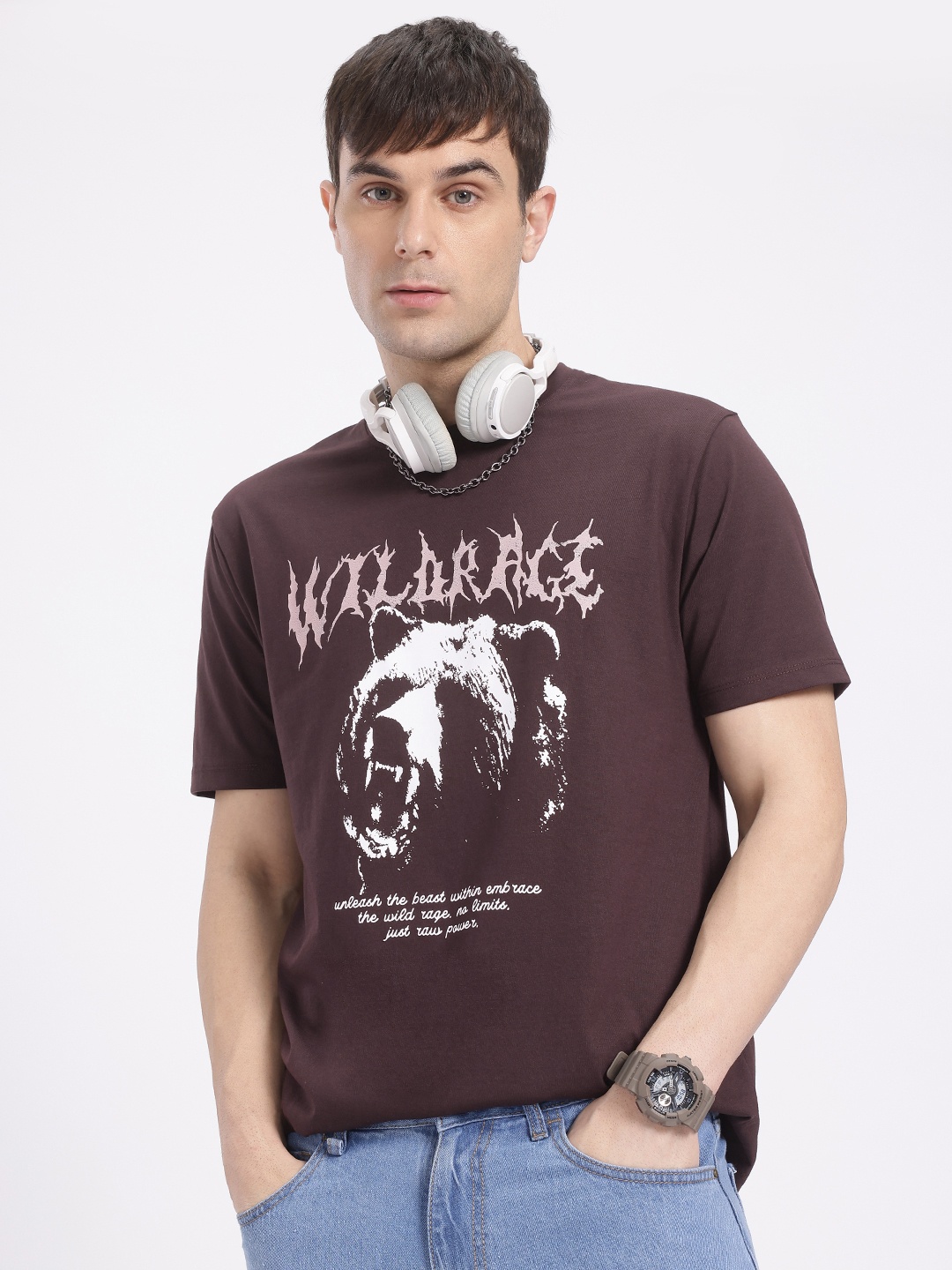 

glitchez Fierce and Feisty Graphic Printed T-shirt, Brown