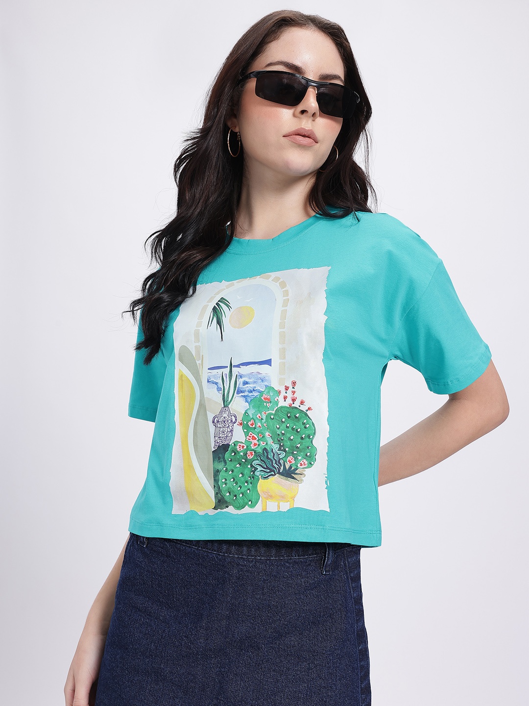 

glitchez Escape Essentials Drop-Shoulder Printed T-shirt, Sea green