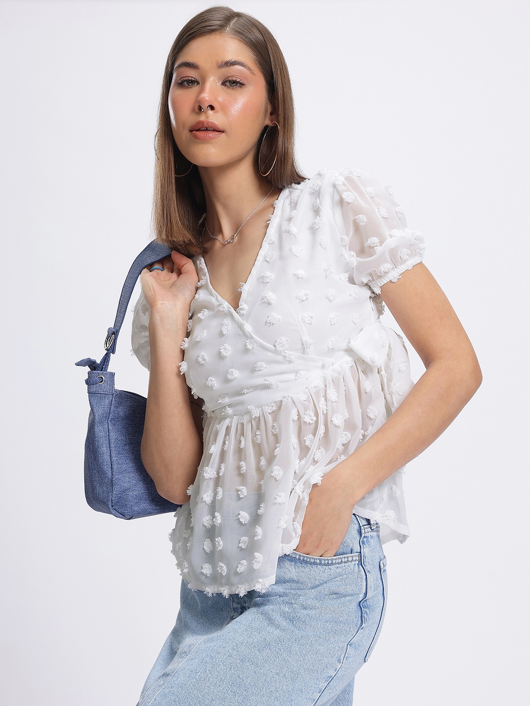 

glitchez Dobby darling A-line Top with Tie-Up Detail, White