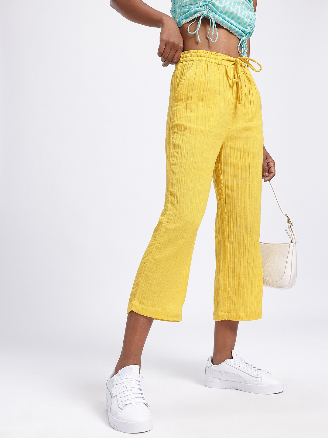 

glitchez Women Crinkled Craze Relaxed Trousers, Yellow
