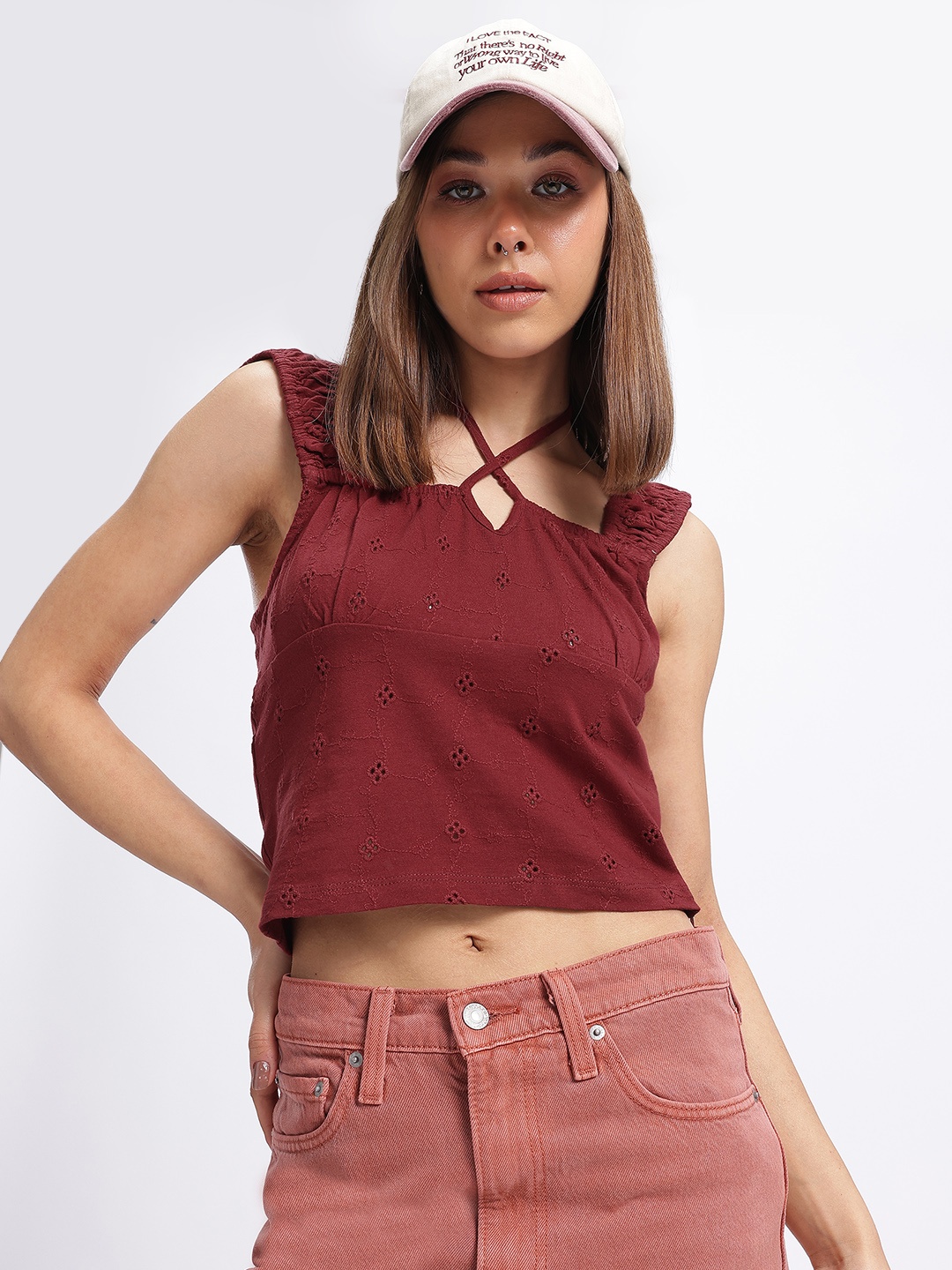 

glitchez Schiffli Dreams Embroidered Tie-Up Neck Crop Top, Maroon