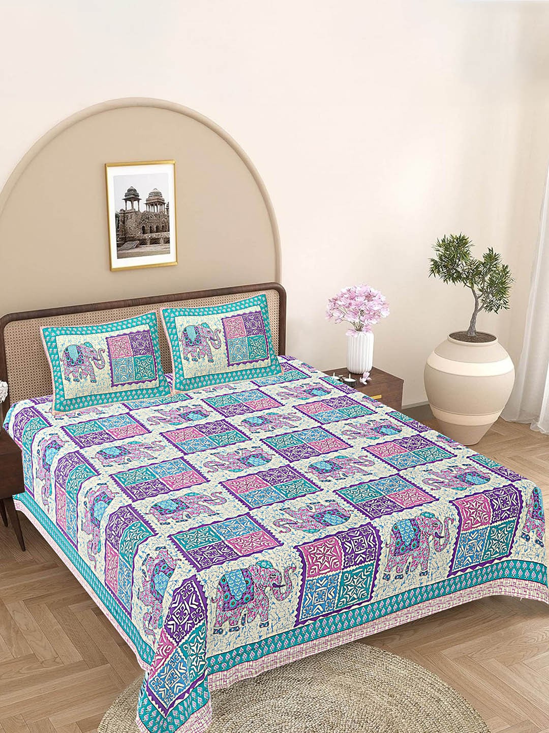 

FrionKandy Living Turquoise Blue Printed 180 TC Cotton King Bedsheet Set 2.12 m x 2.62 m