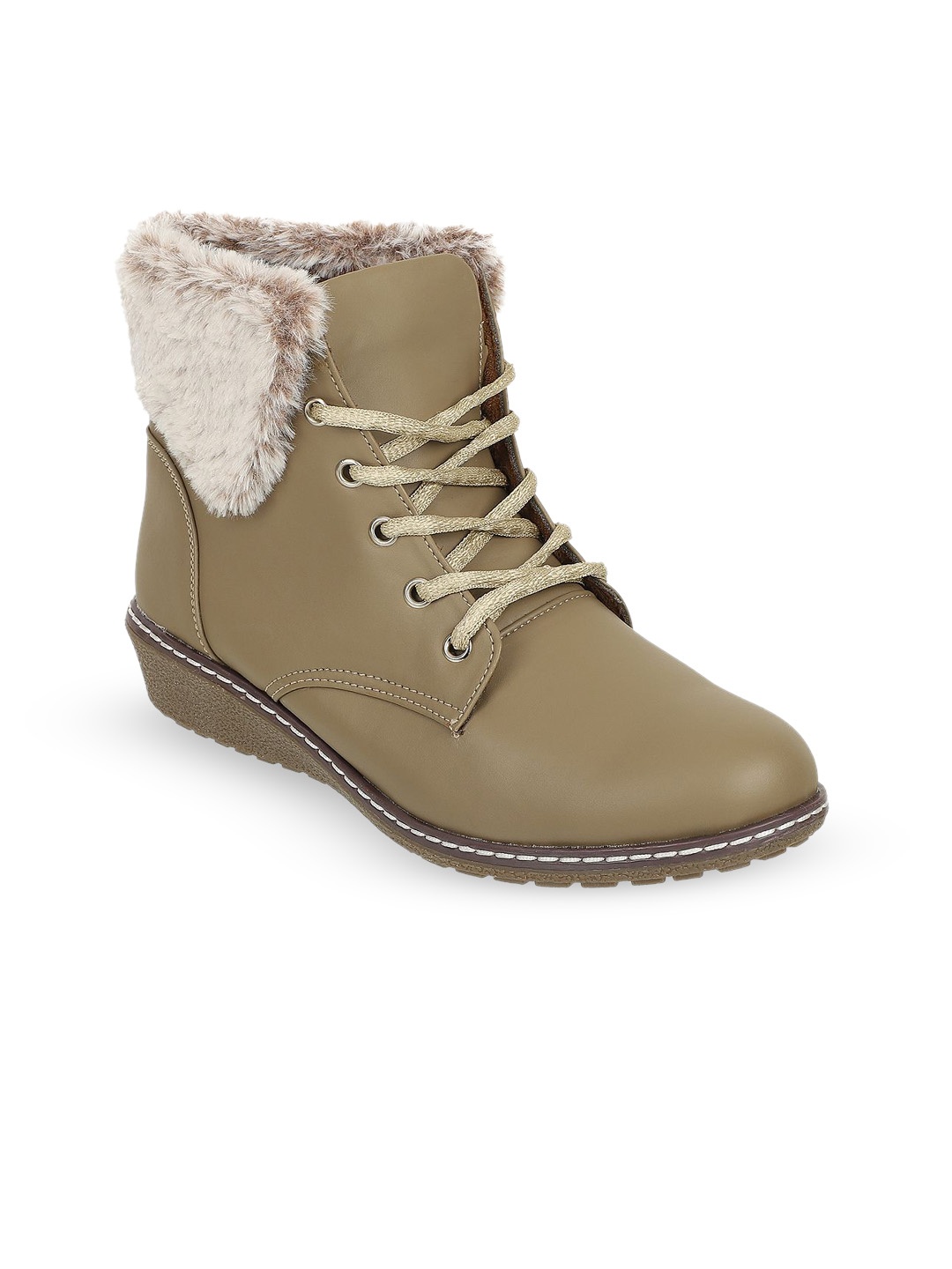 

SHUZ TOUCH Women Lace-Ups Mid-Top Wedge-Heeled Regular Boots, Khaki