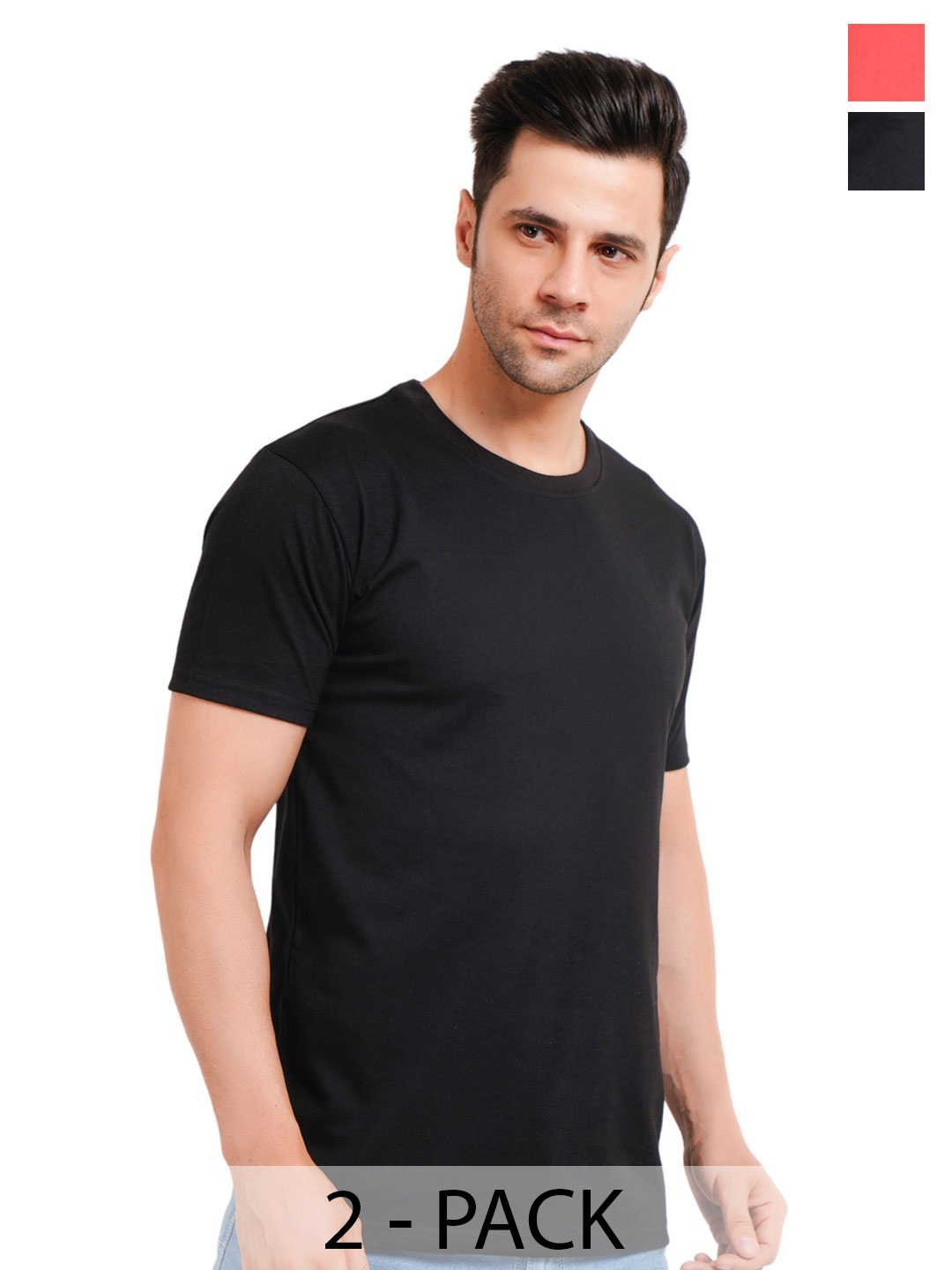 

XO Celebrating Love Men Pack Of 2 Solid Round Neck Cotton T-shirts, Black