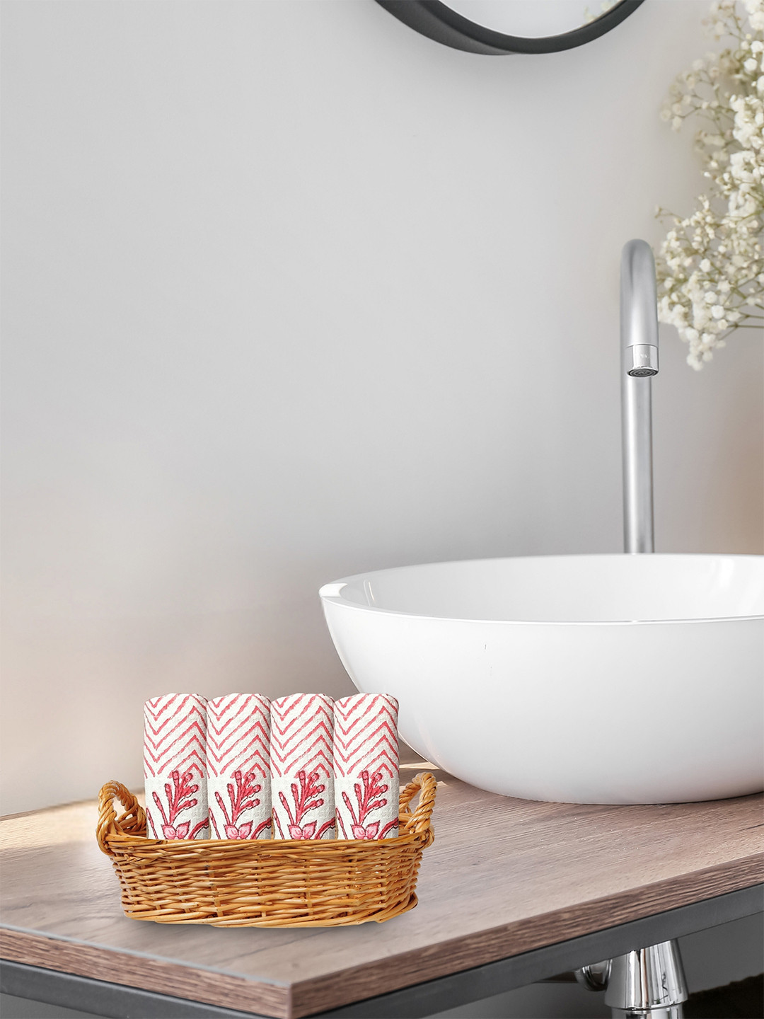 

Living Roots Pink 4 Pcs Block Printed 210 GSM Waffle Cotton Soft & Absorbent Face Towels