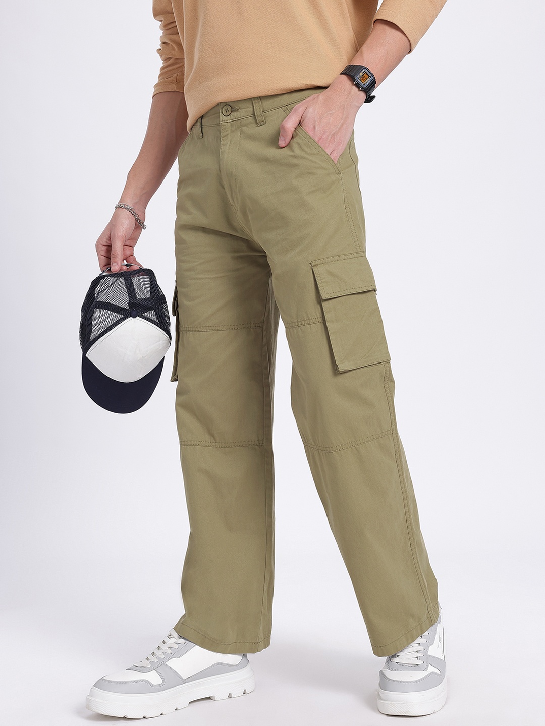 

glitchez Men Urban Utility Relaxed Fit Cargo Trousers, Khaki