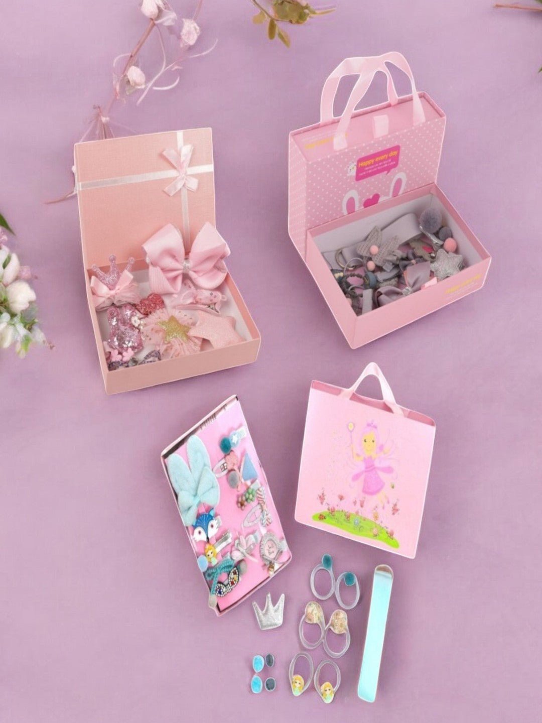 

Yellow Bee Girls Set of 3 Clip Box Embellished Hair Accessory Set, Pink