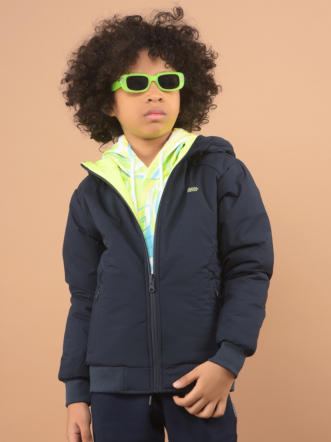 

Crimsoune Club Boys Hooded Solid Casual Bomber Reversible Jacket, Navy blue