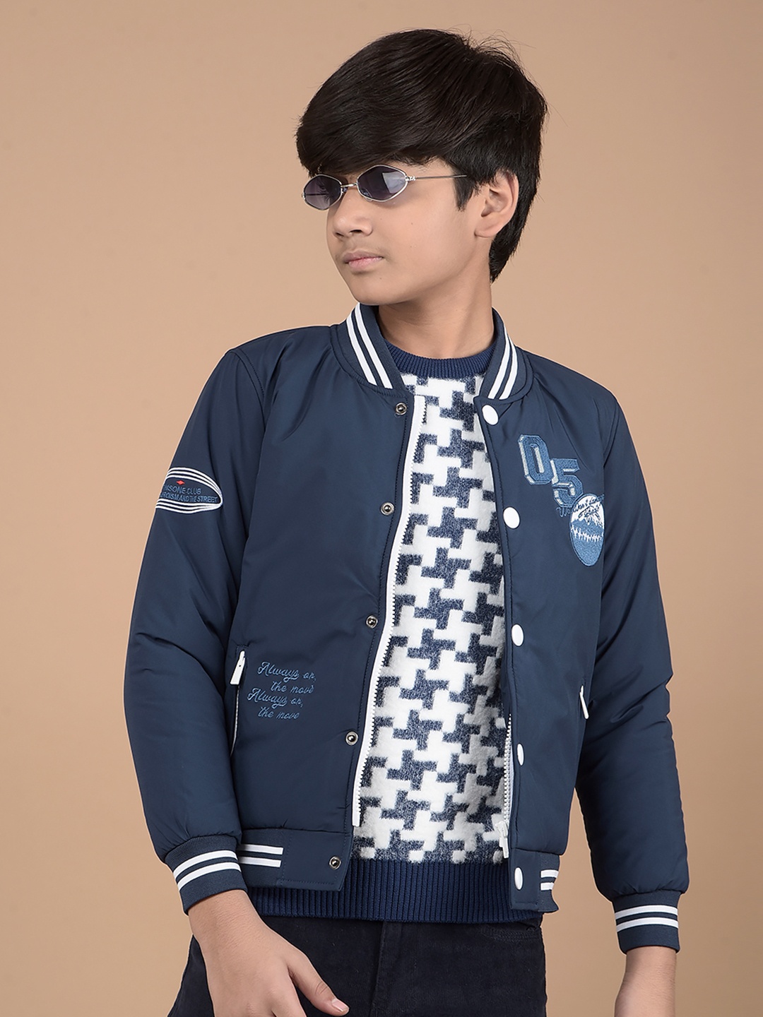 

Crimsoune Club Boys Stand Collar Graphic Casual Bomber Jacket, Navy blue