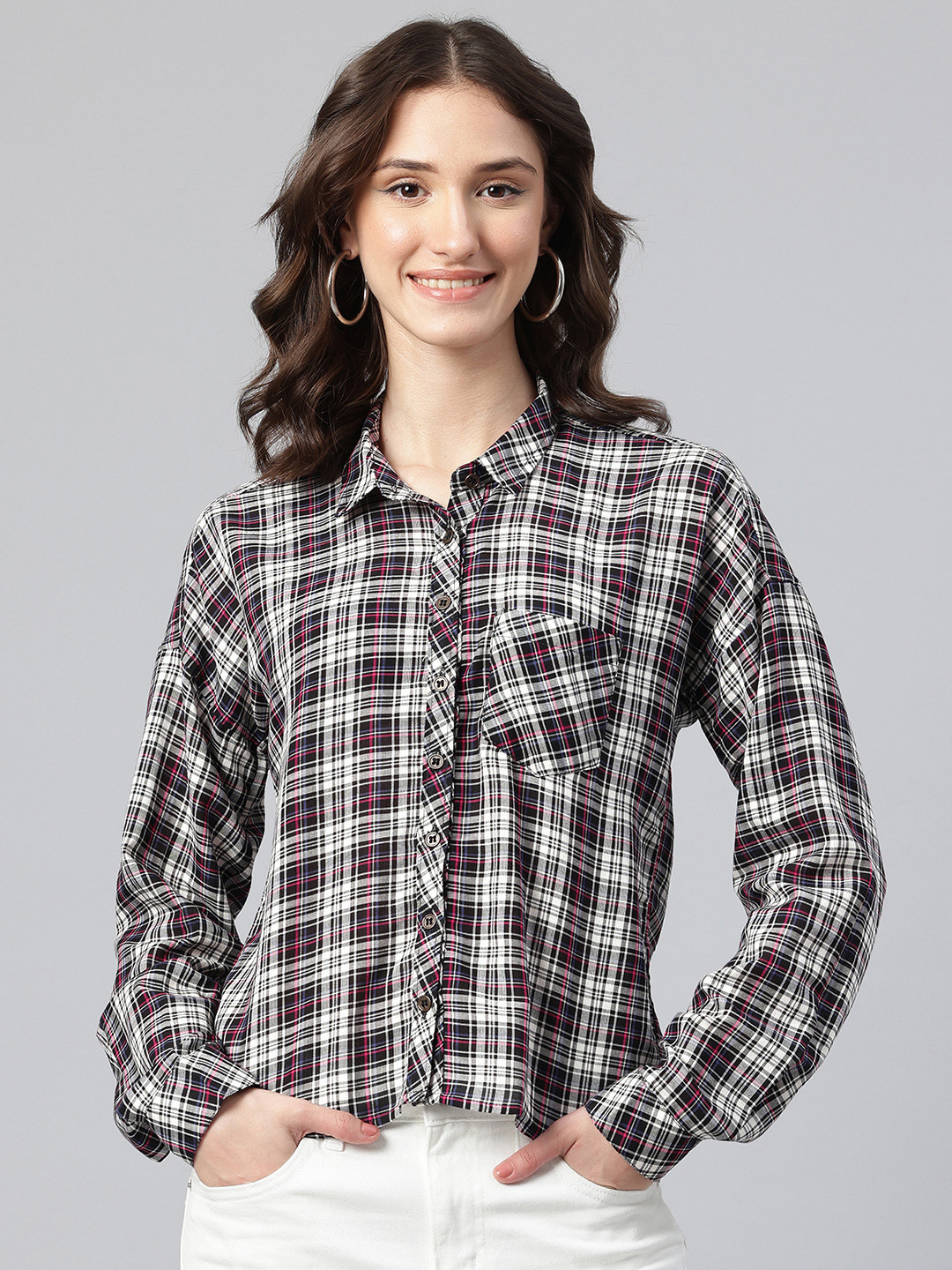 

One Femme Modern Checked Drop-Shoulder Sleeves Casual Shirt, Multi