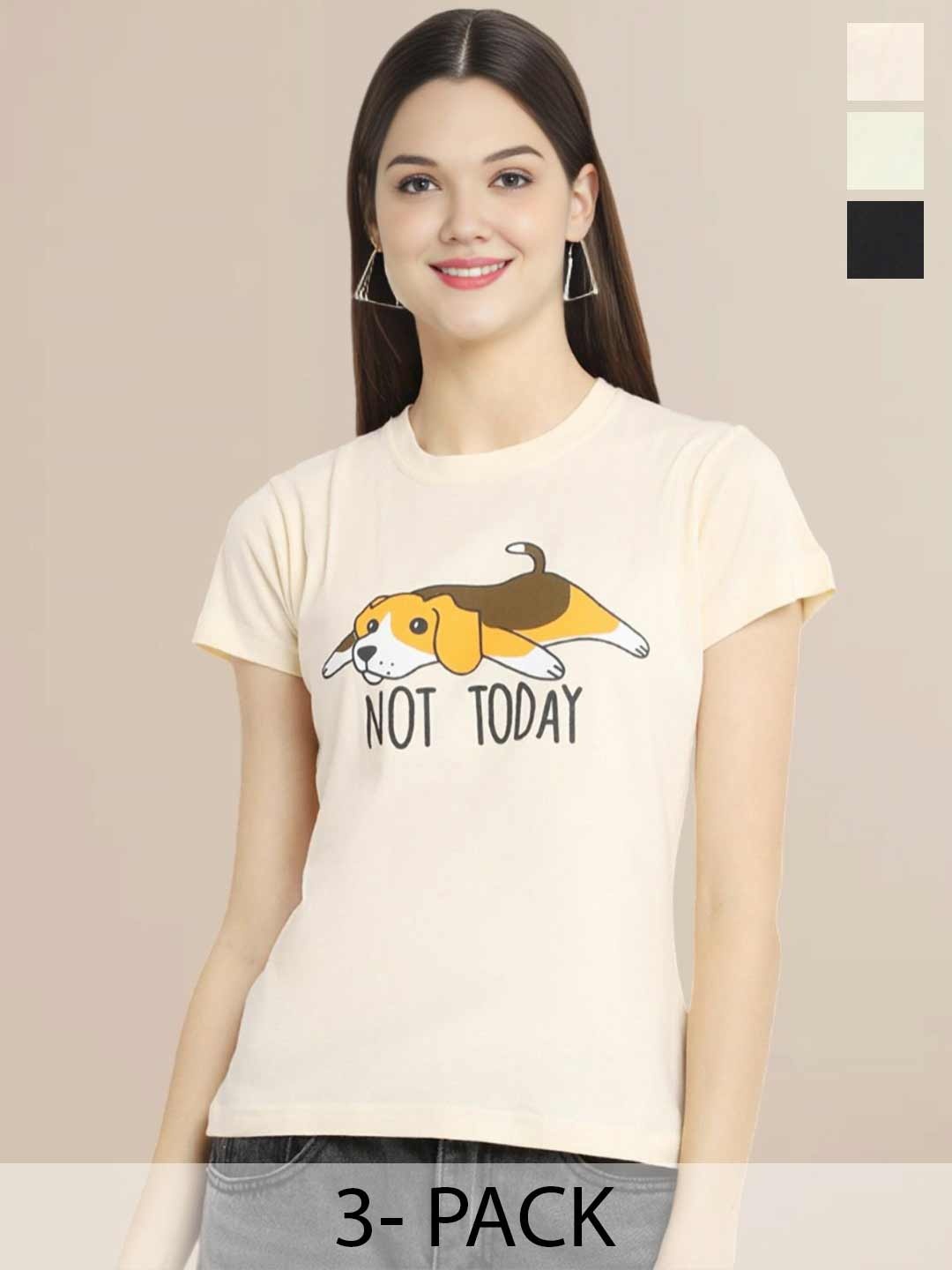 

Metronaut Women Pack Of 3 Typography Printed Round Neck Cotton T-shirts, Cream