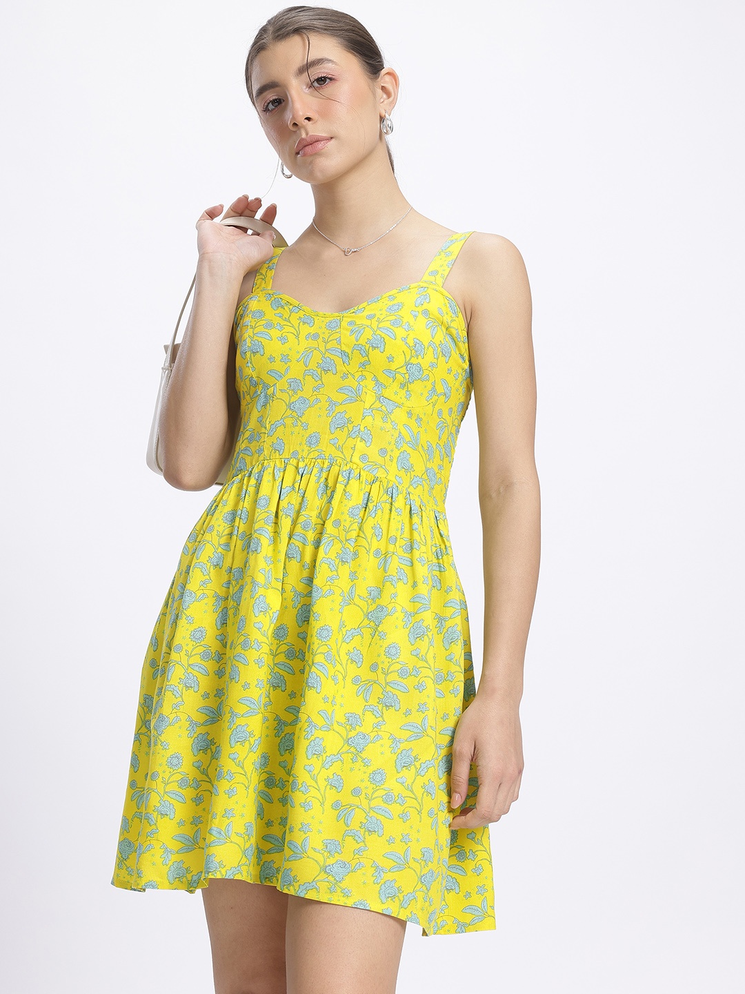

glitchez Floral Finesse Gathered A-Line Mini Dress, Yellow