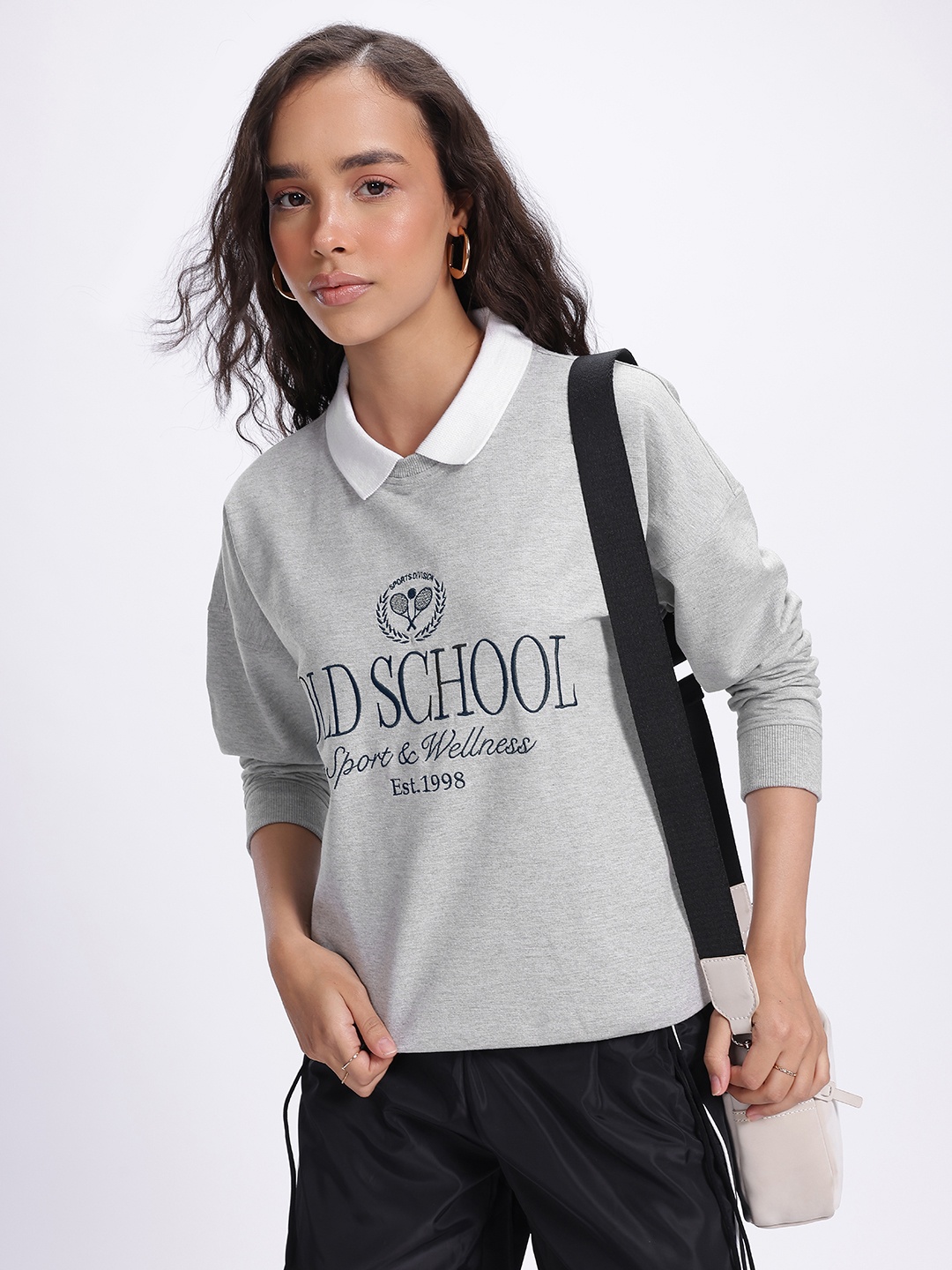 

glitchez Dark Academia Embroidered Attached Collar Sweatshirt, Grey