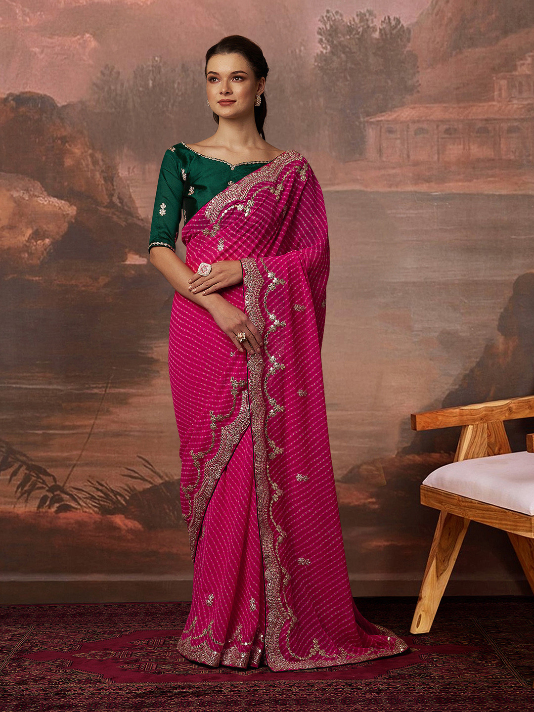 

House of Pataudi Printed Embellished Georgette bandhani saree, Pink