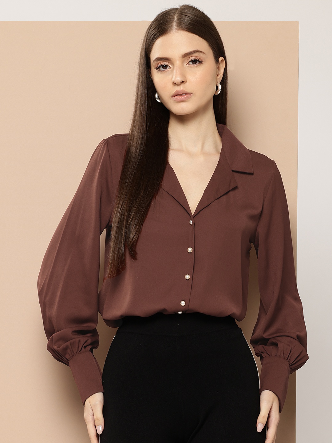 

her by invictus Classic Bishop Sleeve Casual Shirt, Coffee brown