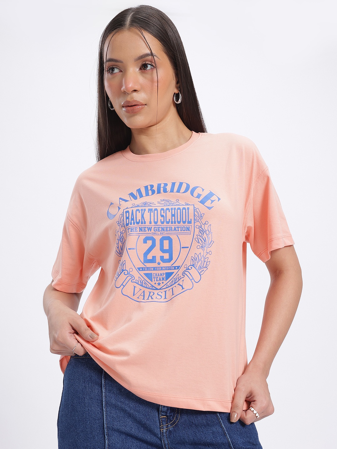 

glitchez Wardrobe Staple Drop-Shoulder Printed T-shirt, Peach