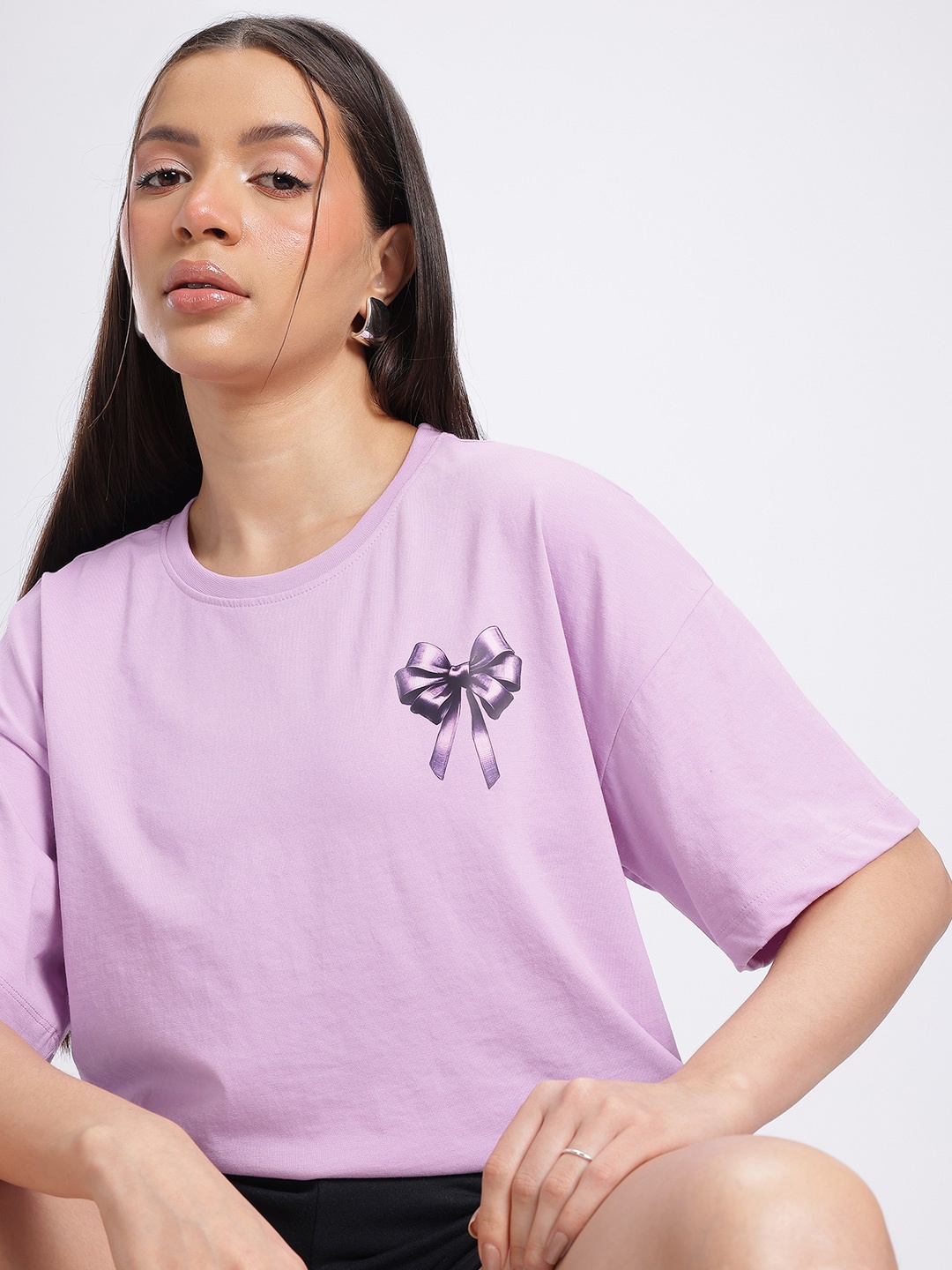 

glitchez Bow-tiful Bliss Drop-Shoulder Sleeves Relaxed T-shirt, Purple