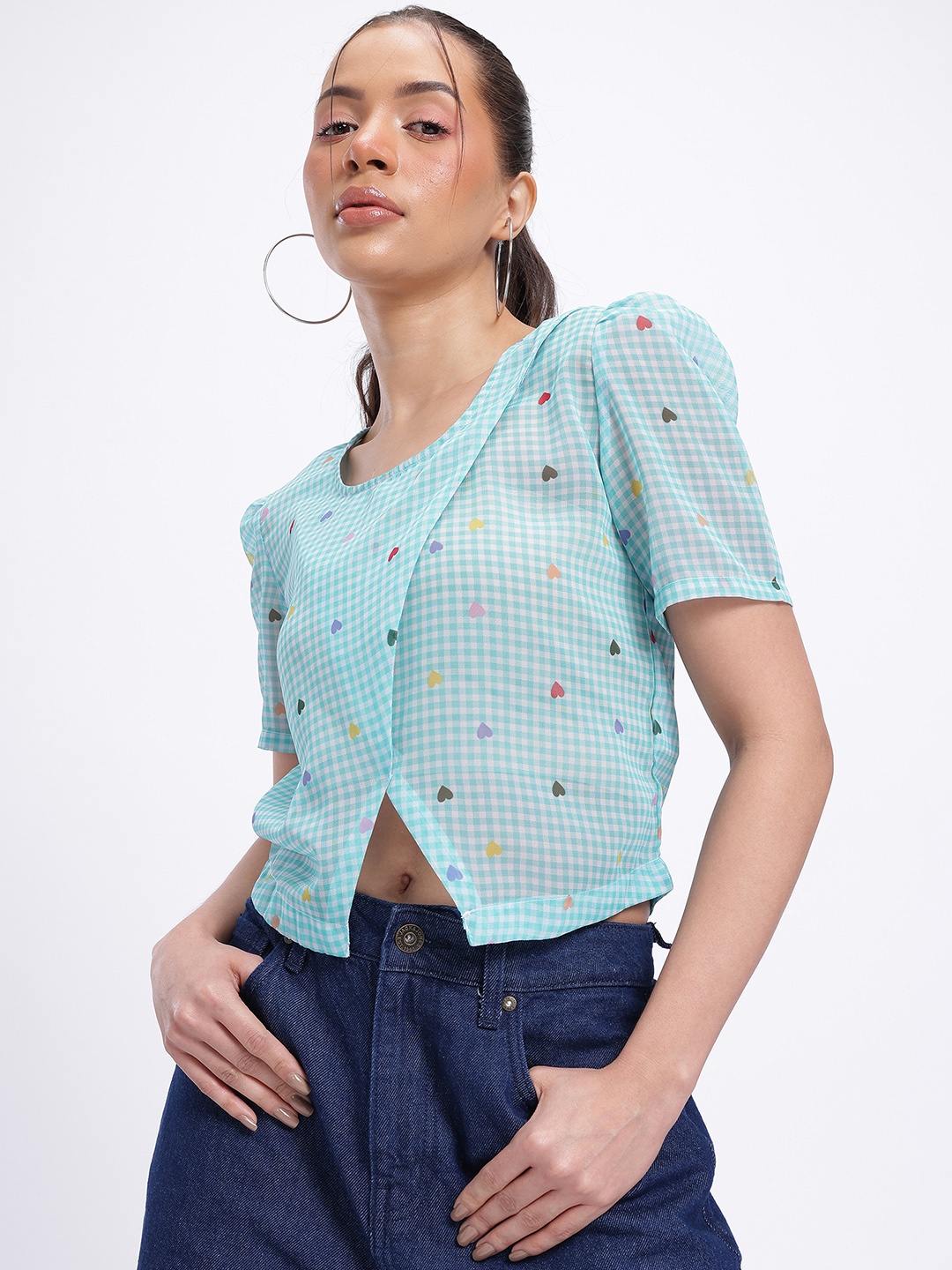 

glitchez Cutie Couture Checked Heart Print Wrap Style Top, Blue