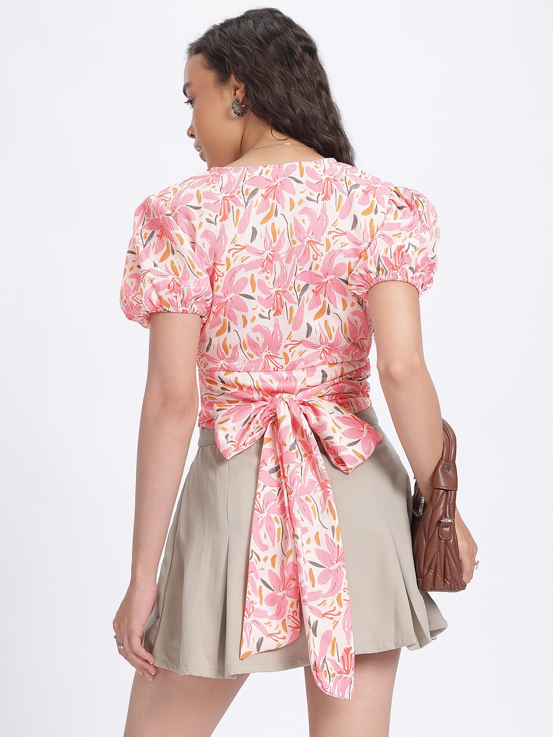 

glitchez Sweet Florals Crinkled Tie-Up Waist Wrap Top, Pink