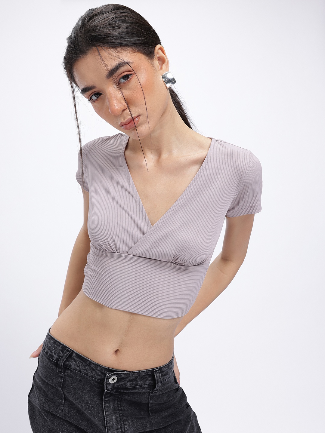 

glitchez Ribbed Luxe Wrap-Style Crop Fitted Top, Mauve